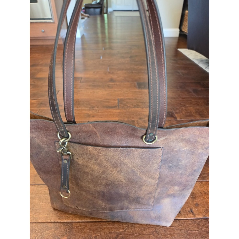 Warrior Bags Distressed Brown Leather Tote Bag Large Brass Hardware Raw Edge